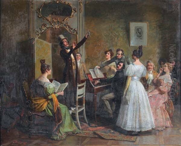 Hauskonzert Mit Gesangssolist Und Pianobegleitung Oil Painting by Giacomo Mantegazza