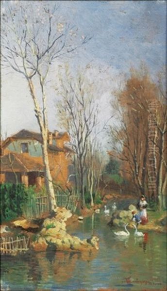 Bord De Riviere Avec Des Cygnes Oil Painting by Giacomo Mantegazza