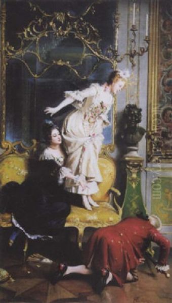 Elegantes Et Gentilhomme Dans Un Interieur Chassant Une Souris Oil Painting by Giacomo Mantegazza