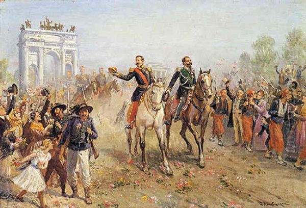 Vittorio Emanuele Ii E Napoleone Iii Entrano A Milano Oil Painting by Giacomo Mantegazza