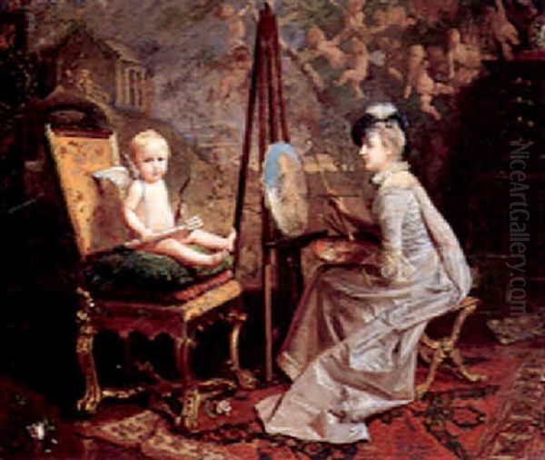 Elegant Interior Scene With An Artist Painting Cupid Oil Painting by Giacomo Mantegazza