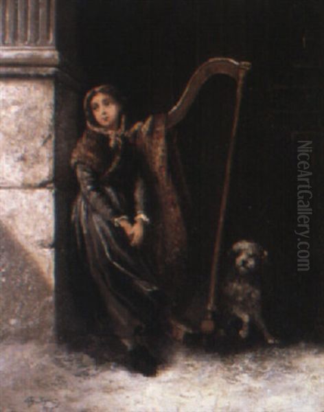 A Young Harpist Oil Painting by Giacomo Mantegazza