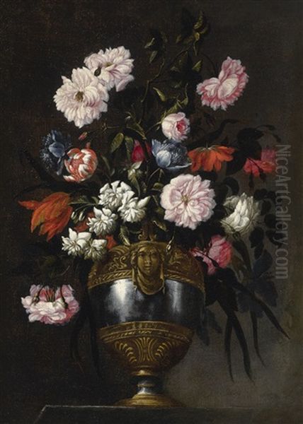 Still Life Of Roses, Tulips, Anemones And Peonies In A Vase Ornamented With A Grotesque Mask Oil Painting by Francesco Mantovano