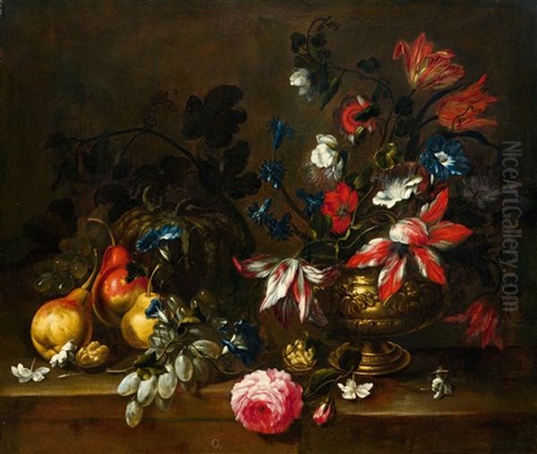 Flower And Fruit Still Life Oil Painting by Francesco Mantovano