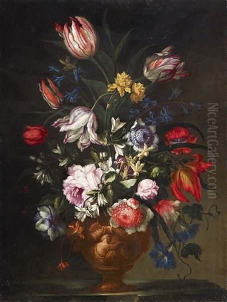 Flowers In An Antiquelike Relief Vase Oil Painting by Francesco Mantovano