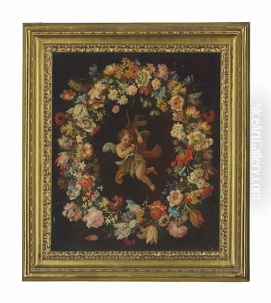 An Angel Carrying The Instruments Of The Passion, Surrounded By A Garland Of Carnations, Daffodils, Jasmine And Other Flowers Oil Painting by Francesco Mantovano