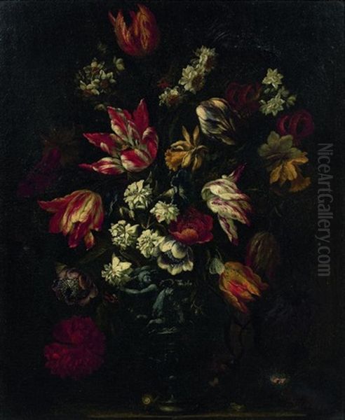 Bouquet De Fleurs Dans Un Vase Richement Sculpte Oil Painting by Francesco Mantovano