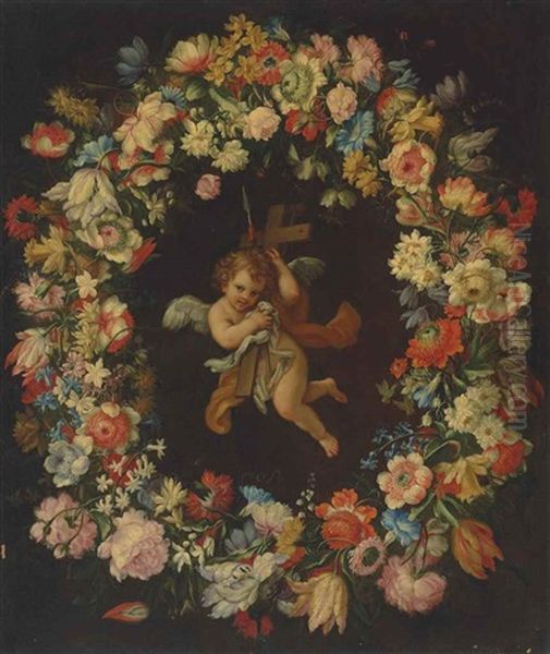 An Angel Carrying The Instruments Of The Passion, Surrounded By A Garland Of Carnations, Daffodils, Jasmine And Other Flowers Oil Painting by Francesco Mantovano