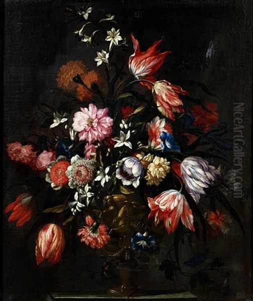 Bouquets De Fleurs Dans Des Vases Richement Sculptes (pair) Oil Painting by Francesco Mantovano