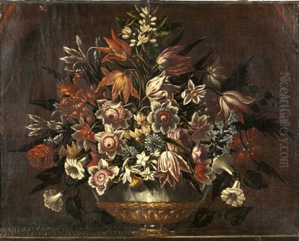 Bouquet De Fleurs Dans Un Vase En Bronze Cercle D'argent Pose On Un Entablement Oil Painting by Francesco Mantovano