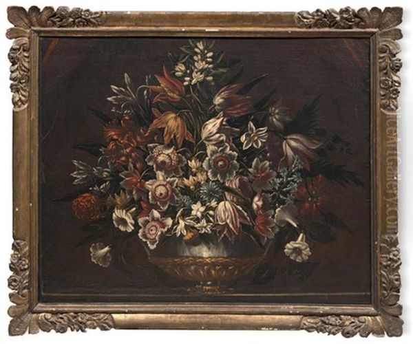 Bouquet De Fleurs Dans Un Vase De Bronze Cercle D'argent, Pose Sur Un Entablement Oil Painting by Francesco Mantovano