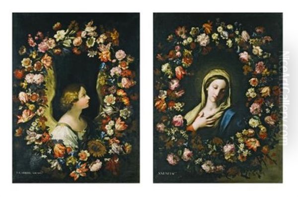 A Flower Garland Surrounding The Angel Gabriel; A Flower Garland Surrounding The Virgin Annunciate (pair) Oil Painting by Francesco Mantovano