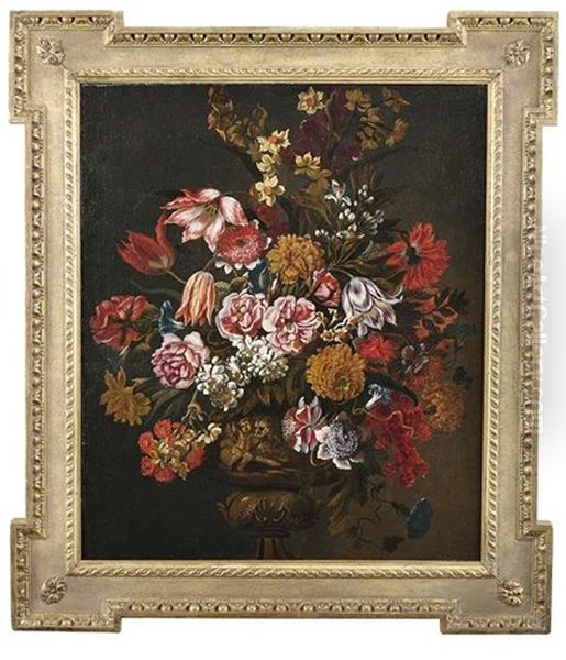 Blumenstilleben In Einer Reliefierten Vase Mit Putto Und Lowe Vor Dunklem Hintergrund Oil Painting by Francesco Mantovano