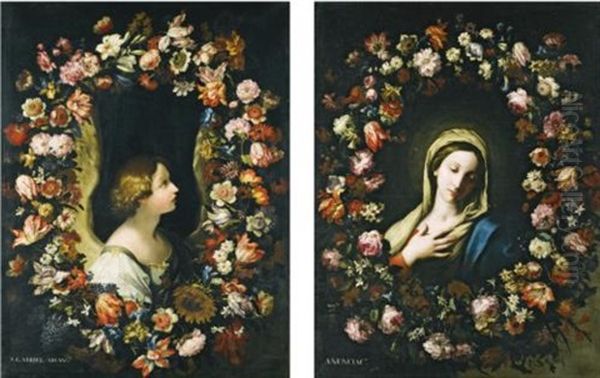 A Flower Garland Surrounding The Angel Gabriel; A Flower Garland Surrounding The Virgin Annunciate (2 Works) Oil Painting by Francesco Mantovano