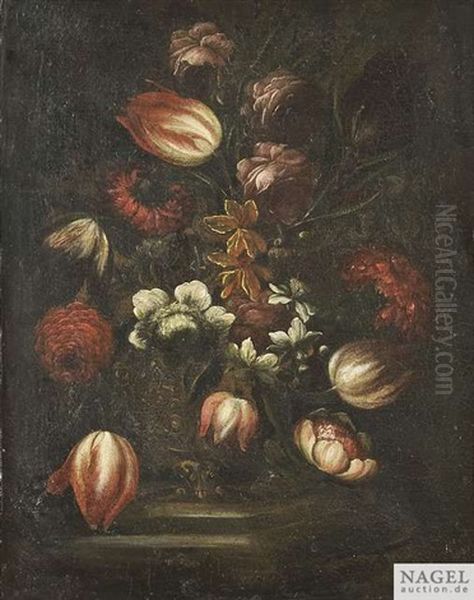 Zwei Blumenstilleben In Reliefierten Vasen Auf Steinpodesten (pair) Oil Painting by Francesco Mantovano