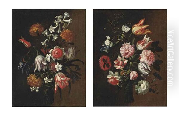 Parrot Tulips, Peonies, A Rose And Other Flowers (+ Chrysanthemums, Tulips And Other Flowers; Pair) Oil Painting by Francesco Mantovano