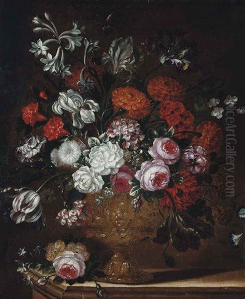 Carnations, Roses, Parrot Tulips And Other Flowers In A Sculpted Urn On A Stone Ledge Oil Painting by Francesco Mantovano