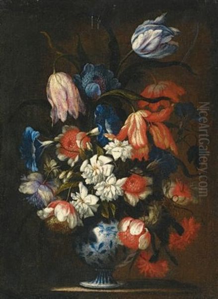 A Still Life With Tulips, Carnations And Other Flowers In A Blue And White Porcelain Vase Oil Painting by Francesco Mantovano