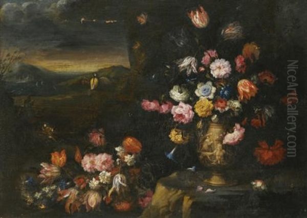 Still Lifes, Each With Vases Of Flowers In A Coastal Landscape Setting (pair) Oil Painting by Francesco Mantovano