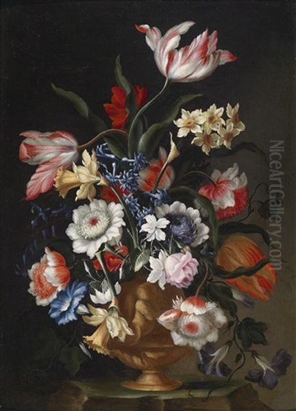 Ein Blumenstillleben In Einer Steinvase Oil Painting by Francesco Mantovano