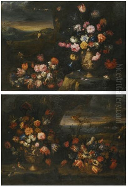 Still Life With Vase Of Flowers In A Coastal Landscape Setting (+ Another; Pair) Oil Painting by Francesco Mantovano