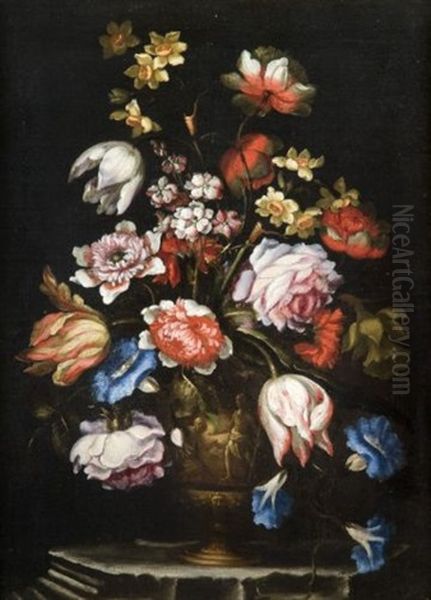 Bouquets De Fleurs Dans Des Vases A Decor De Grotesques (pair) Oil Painting by Francesco Mantovano