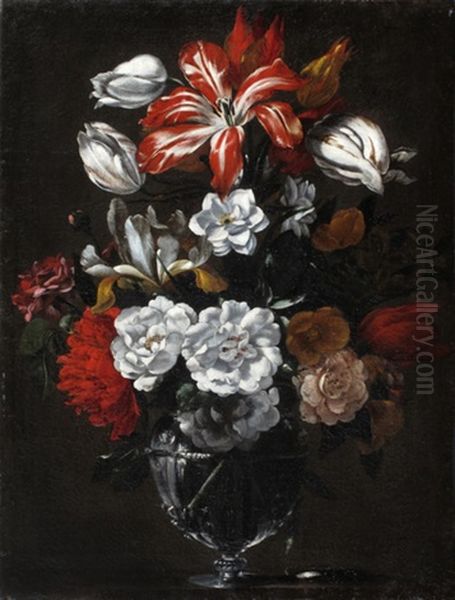 Tulipani, Rose, Peonie, Camelie E Altri Fiori In Un Vaso Di Vetro by Francesco Mantovano