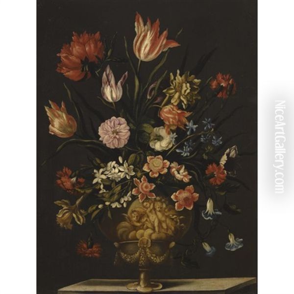 Still Life Of Tulips, Roses, Carnations, Chrysanthemums, And Other Flowers In A Sculpted Vase Over A Ledge Oil Painting by Francesco Mantovano