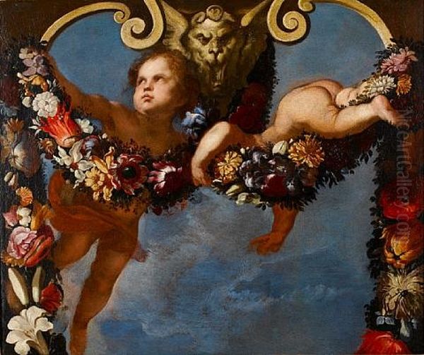 Putti Amongst Garlands Of Flowers (pair) Oil Painting by Francesco Mantovano