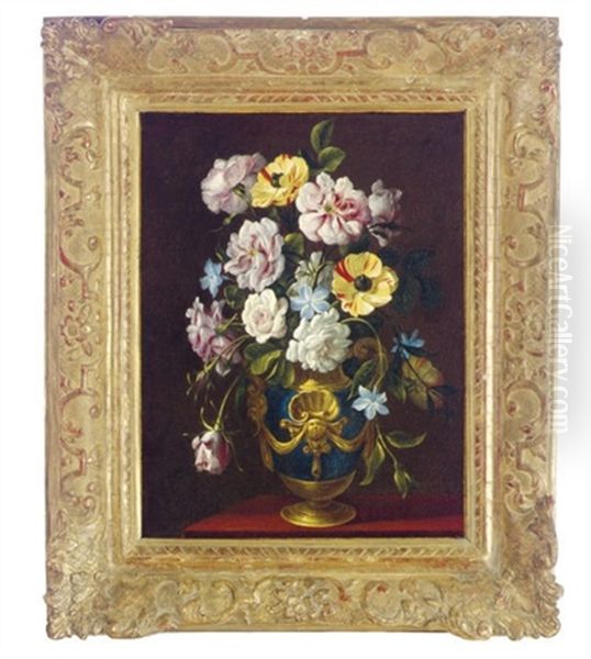 Still Life Of Flowers In A Decorative Blue Vase Oil Painting by Francesco Mantovano