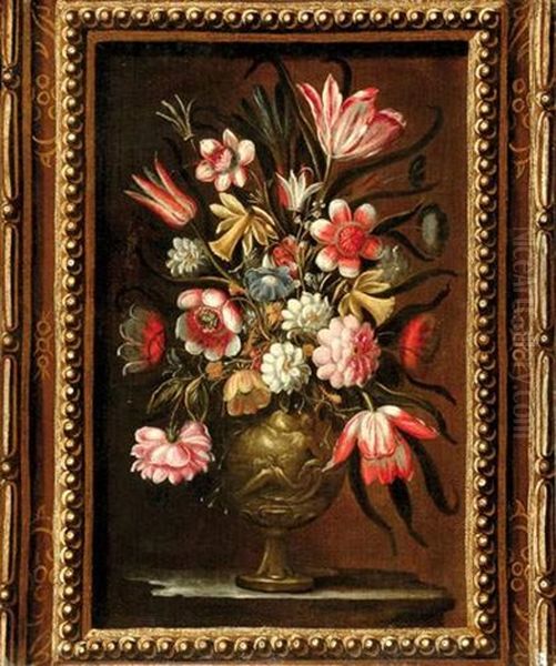 Nature Morte Au Bouquet De Fleurs Dans Un Encadrement En Trompe L'oeil Oil Painting by Francesco Mantovano