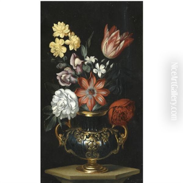 A Still Life With Parrot Tulips, Roses And Other Flowers In A Vase On A Ledge Oil Painting by Francesco Mantovano