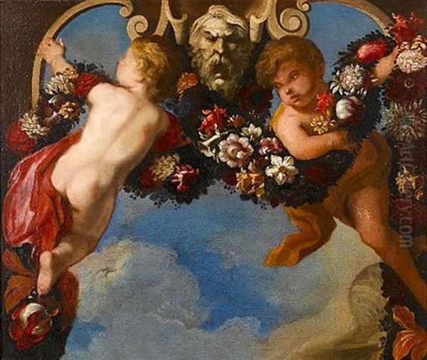 Putti Amongst Garlands Of Flowers, With A Stone Cartouche (pair) Oil Painting by Francesco Mantovano