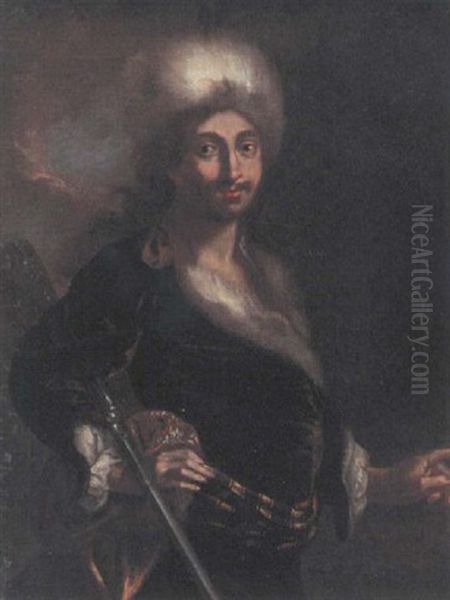 Portrait Of A Huntsman, In A Fur Hat And Fur Trimmed Coat, Holding A Rifle Oil Painting by Adam Von Manyoki