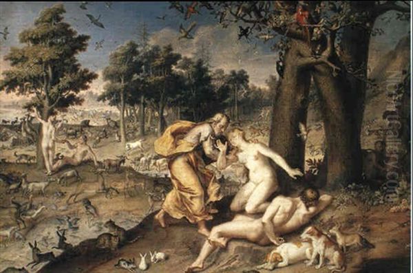 The Creation Of Adam And Eve In The Garden Of Eden With     Scenes Of The Temptation... Oil Painting by Ridolfo Manzoni