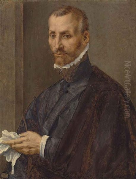 Portrait Of A Man, Half-length, In A Grey Coat And Mantle, Holding A Handkerchief Oil Painting by Tommaso Manzuoli