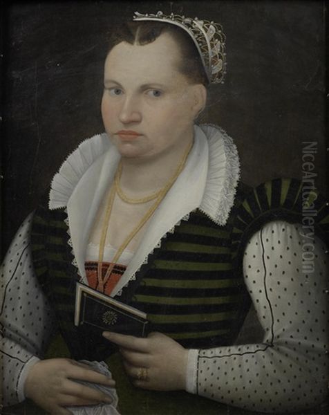 Portrait Of A Lady, Half-length, In A Hooped Black And Green Dress And A White Chemise, Holding A Petrarchino Oil Painting by Tommaso Manzuoli