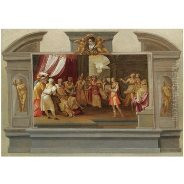 A Trompe L'oeil Design For A Wall Monument, With David Playing The Harp Before Saul, A Portrait Of A Young Man Held By Putti Above Oil Painting by Tommaso Manzuoli