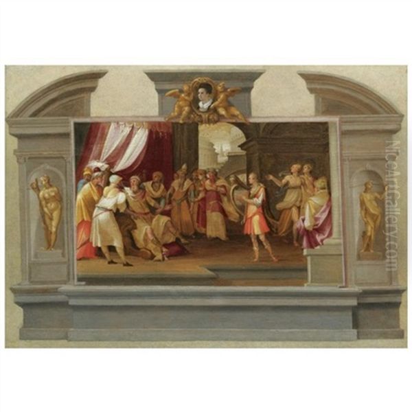 A Trompe L'oeil Design For A Wall Monument, With David Playing The Harp Before Saul, A Portrait Of A Young Man Held By Putti Above Oil Painting by Tommaso Manzuoli