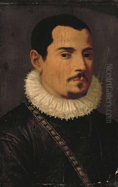 Portrait Of A Gentleman, Bust-length, In A Black Doublet And A Lace Ruff Oil Painting by Tommaso Manzuoli