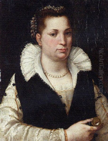 Portrait Of A Lady, In A Black And Silver Dress With A Lace Collar, A Brooch In Her Right Hand by Tommaso Manzuoli