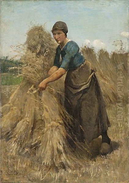 Binding The Hay Oil Painting by David De La Mar