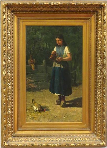 Girl In Wooden Shoes Feeding Chickens Oil Painting by David De La Mar