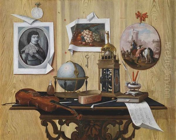 A Trompe L'oeil Of A Print And Two Paintings, A Key, A Violin, A Globe, A Clock, A Sheet Of Music And Other Objects On A Table Oil Painting by Antonio (lo Scarpetta) Mara