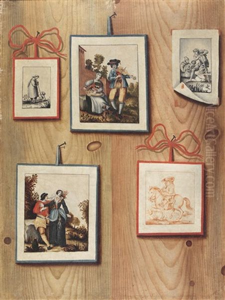 Trompe L'oeil Mit Aufgeklebten Zeichnungen Und Kupferstichen (+ Another; Similar; Pair) Oil Painting by Antonio (lo Scarpetta) Mara