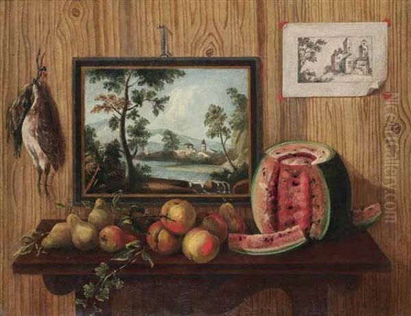 Trompe L'oeil Con Frutta Su Un Piano, Dipinto Di Paesaggio, Stampa E Cacciagione Oil Painting by Antonio (lo Scarpetta) Mara