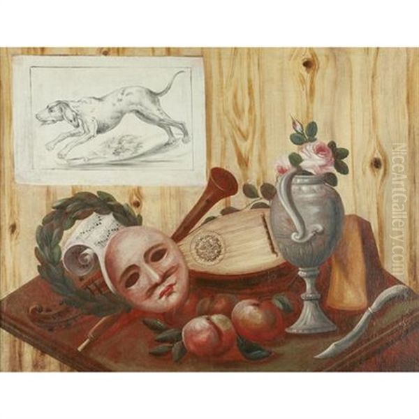 A Trompe L'oeil Of A Mandolin, Flute, Mask, Music Sheet Oil Painting by Antonio (lo Scarpetta) Mara