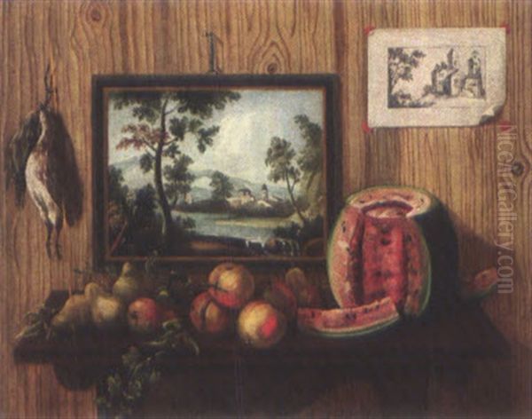 Trompe L'oeil Con Frutta Su Un Piano, Dipinto, Stampa E Cacciagione Oil Painting by Antonio (lo Scarpetta) Mara