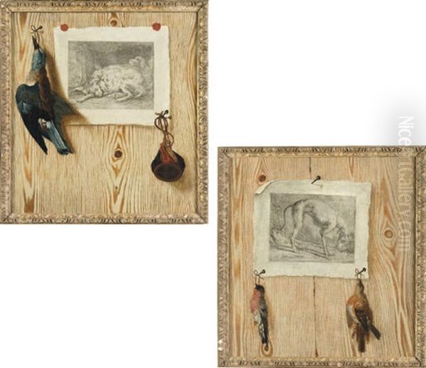 A Trompe L'oeil Still Life With Dead Game And Hunting Pouch Pinned To An Engraving On A Faux Boiserie Ground (+ Another Similar; Pair) Oil Painting by Antonio (lo Scarpetta) Mara