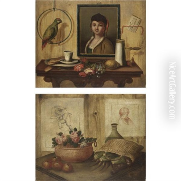 Natura Morta Con Un Ritratto, Un Pappagallo, Frutta, Fiori, Una Tazza E Biscotti (+ Natura Morta Con Due Disegni, Un Vaso Di Rose E Una Sporta Di Verdura; Pair) Oil Painting by Antonio (lo Scarpetta) Mara